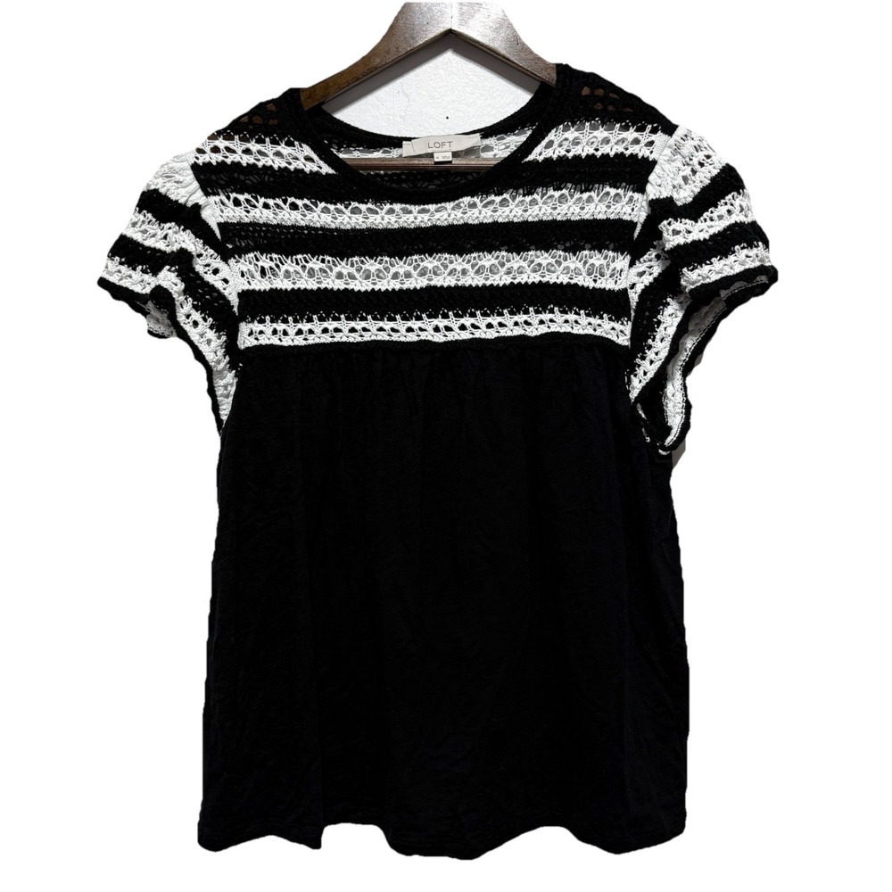 LOFT Top Womens XL Black White Crochet Short Sleeve Flowy Babydoll Cotton Top